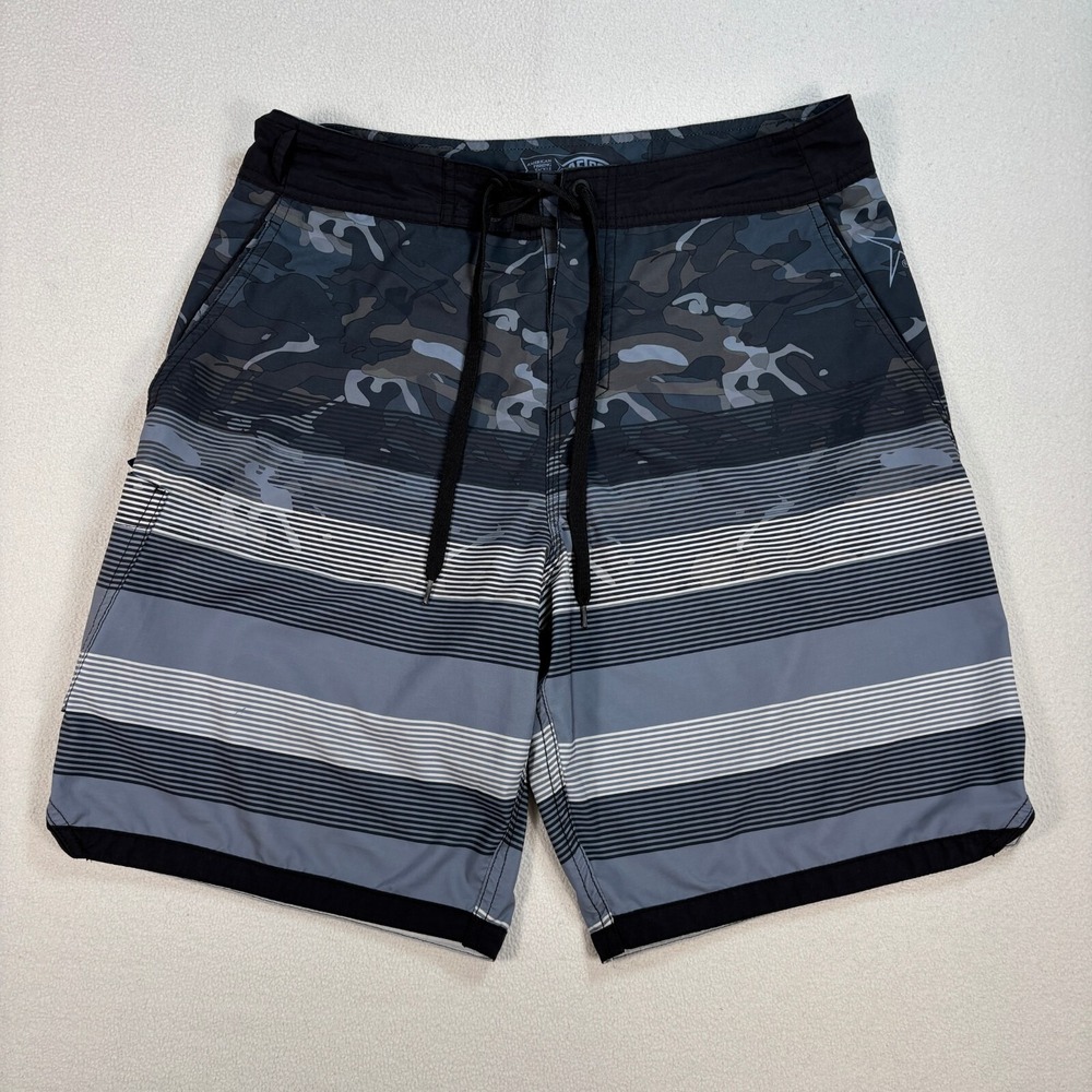 Aftco Joy Division 9" Board Shorts Men's 32 Blue Camo Stripe Swim Trunks Fishing